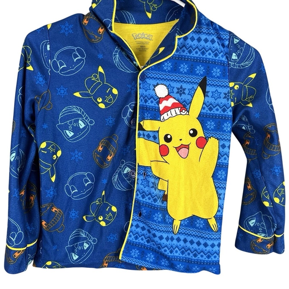 Pokemon Boys Blue Holiday Fleece Pajama Top Pikachu Squirtle Size S 6/7